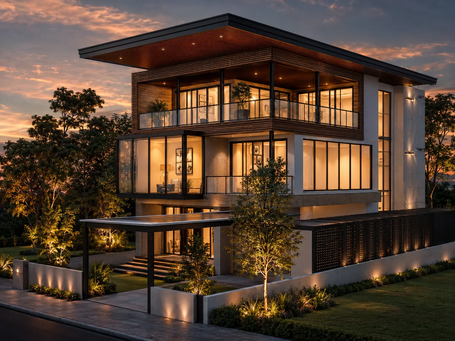 Rumah modern dua lantai dengan pencahayaan hangat saat senja